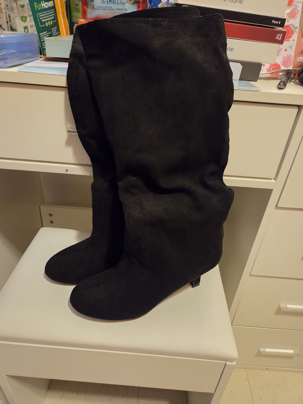 Women's Black Suede Mid-Calf Heeled Boots
